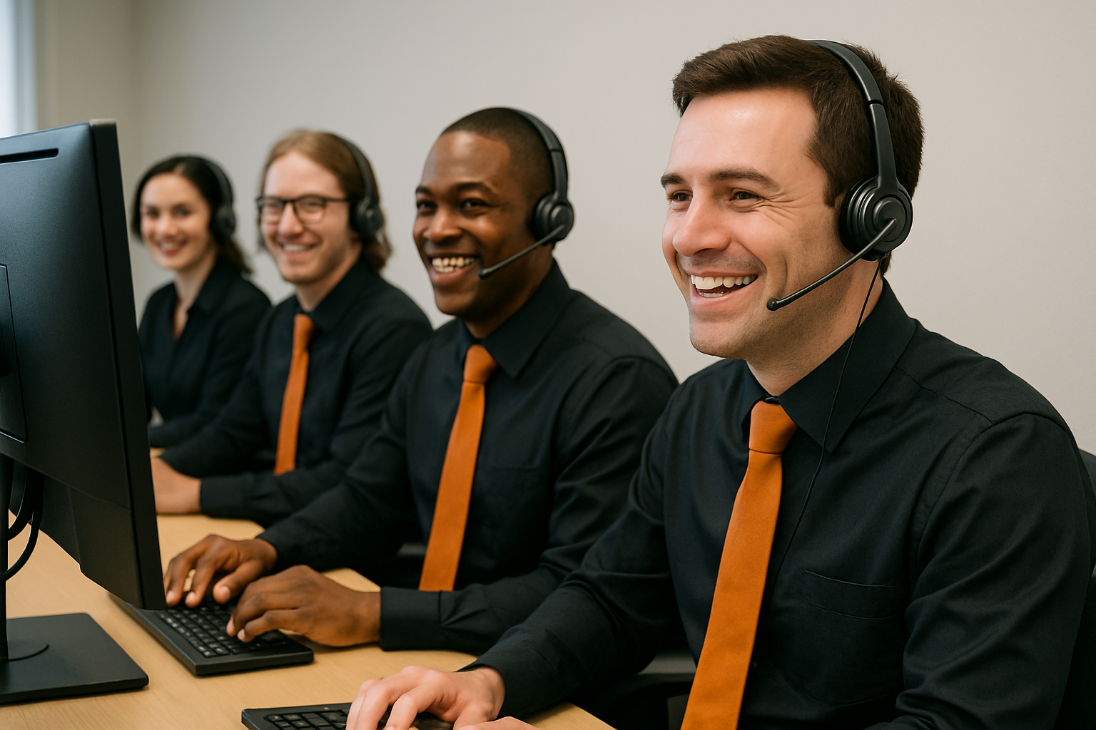 Four smiling IT support technicians in headsets, black shirts and orange ties at a modern helpdesk providing IT support for schools and MATs.